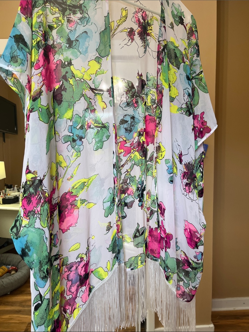 OP Floral Sheer Fringe Kimono - White, Pink, Green, Yellow, Blue